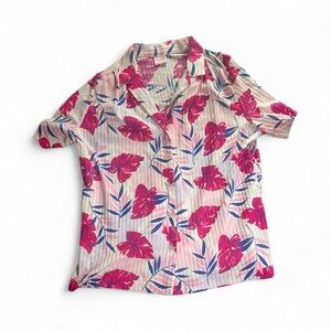 Vintage Hawaiian Shirt Tropical Print Pink and Blue Leaf Patterns Size M
